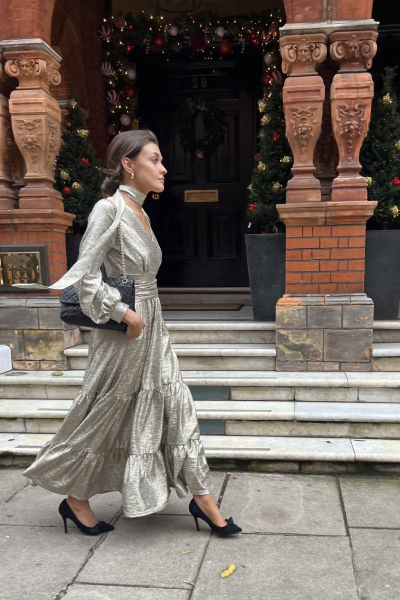 FAYE MAXI DRESS METALLIC SILVER GOLD