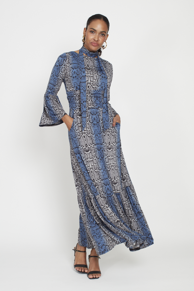 YANA MAXI DRESS SNAKE BLUE GREY PRINT